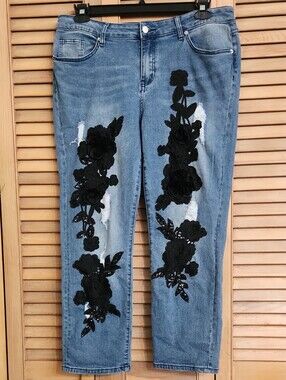 A.Z.I. Women’s Blue Denim Jeans with Black Floral Appliqué